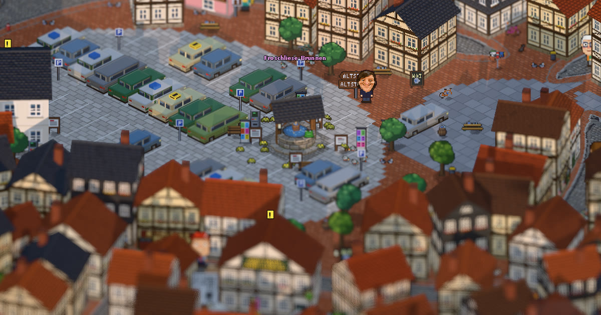 Ückheim 98: der Marktplatz mit Froschliese-Brunnen und Parkplätzen in isometrischer Pixelgrafik